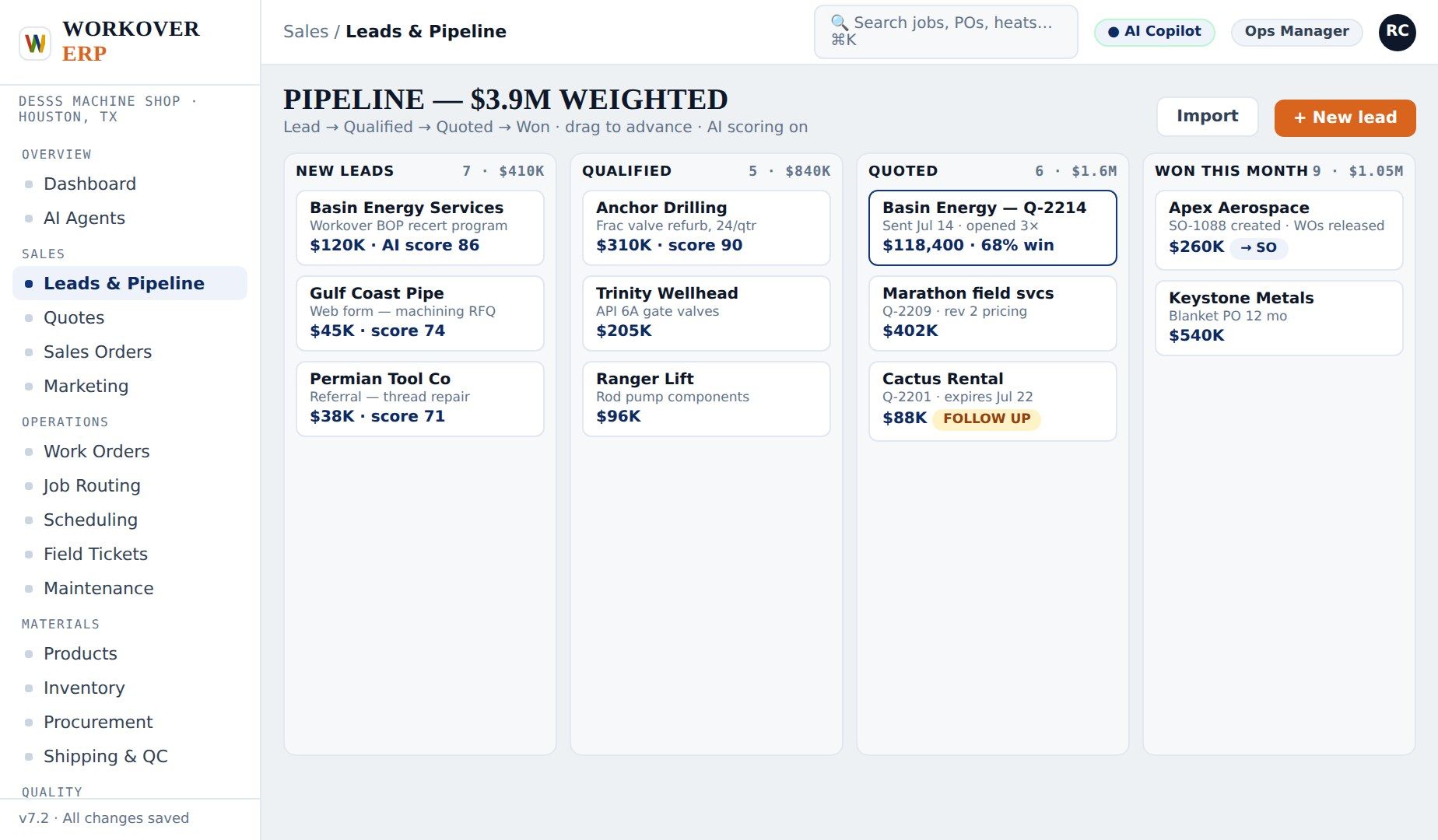 Sales & Quoting Sales Pipeline and Quoting in Workover ERP